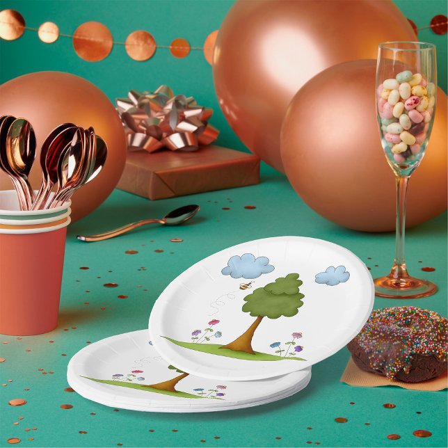 Bee and Tree Nature Scene with Flowers and Clouds Paper Plate (Creator Uploaded)
