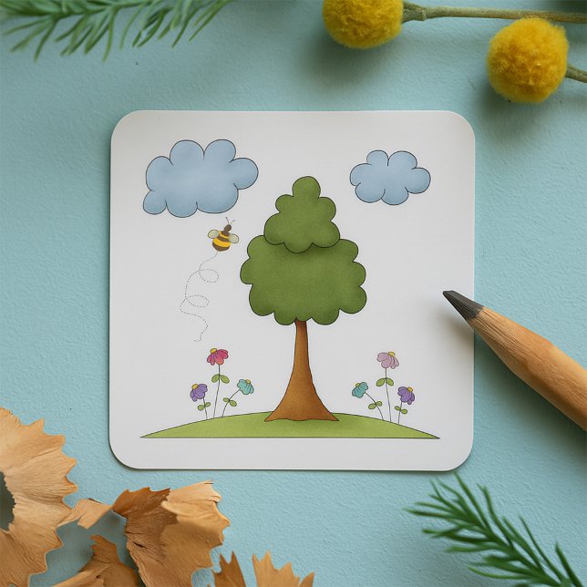 Bee and Tree Nature Scene with Flowers and Clouds Square Sticker (Creator Uploaded)