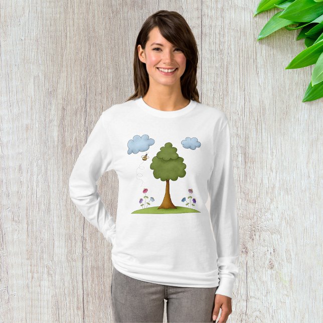 Bee and Tree Nature Scene with Flowers and Clouds T-Shirt (Creator Uploaded)