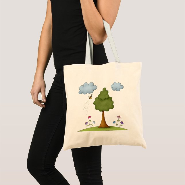 Bee and Tree Nature Scene with Flowers and Clouds Tote Bag (Creator Uploaded)