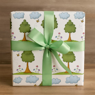 Bee and Tree Nature Scene with Flowers and Clouds Wrapping Paper