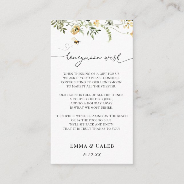 Bee and Yellow Wildflower Honeymoon Wish Enclosure Card (Front)