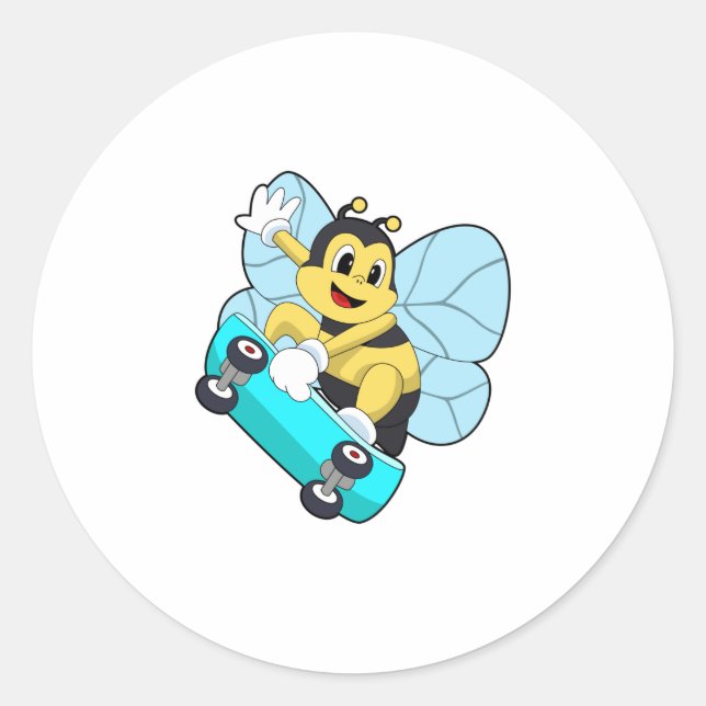 Bee as Skater with Skateboard Classic Round Sticker (Front)