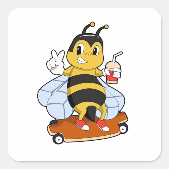 Bee as Skater with Skateboard Square Sticker (Front)