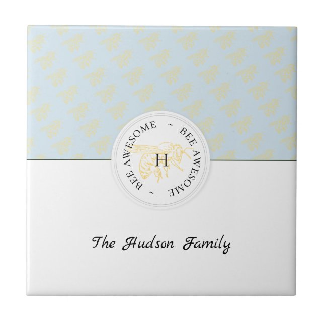 Bee Awesome Golden Bee Personalised Monogram Tile (Front)