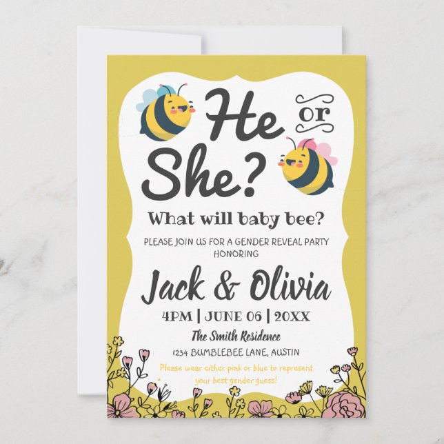 Bee Baby Floral Bumblebee He Or She Gender Reveal  Invitation (Front)