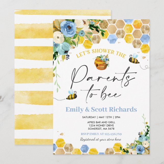 Bee Baby Shower Blue Floral Parents To Bee Baby Invitation (Front/Back)