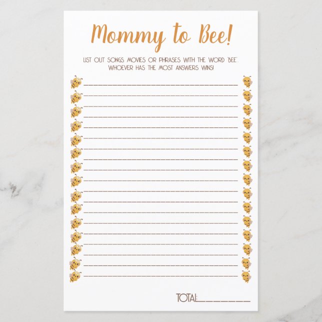 Bee Baby Shower Game. Movies, songs, phrases. (Front)