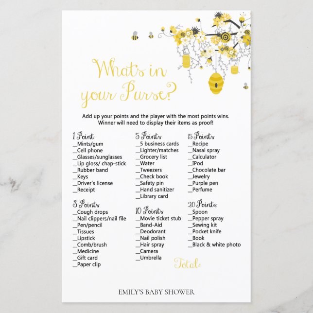 Bee Baby Shower Game - What's in your purse (Front)