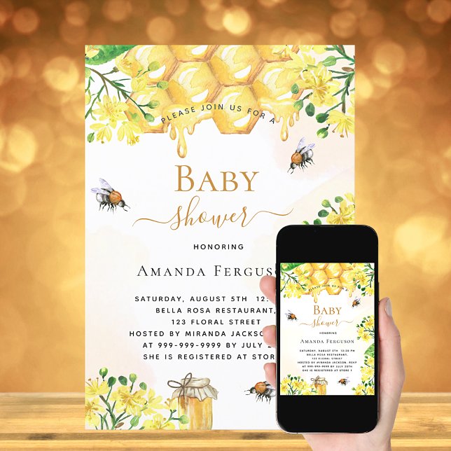 Bee Baby shower gold yellow florals cute  Invitation (Creator Uploaded)