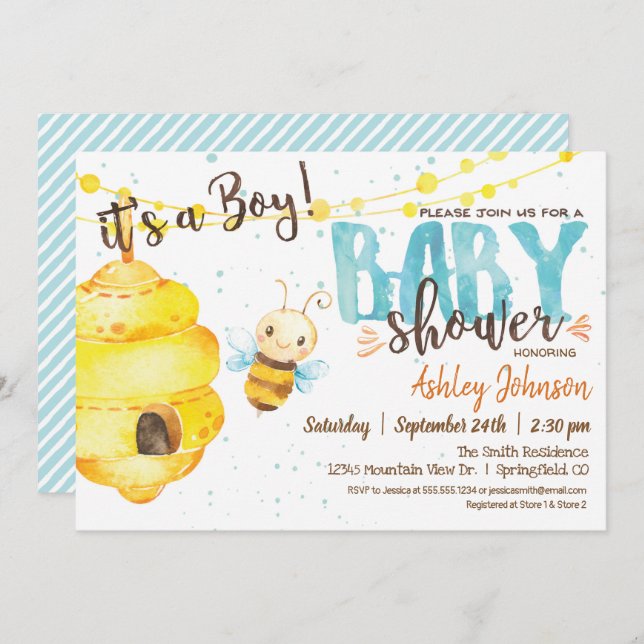 Bee Baby Shower invitation, Boy Invitation (Front/Back)