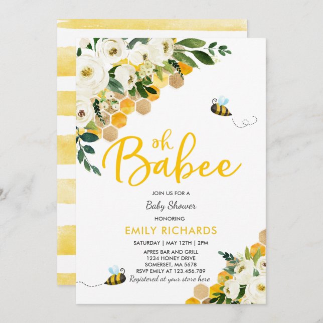 Bee Baby Shower Invitation Floral Babee Shower (Front/Back)