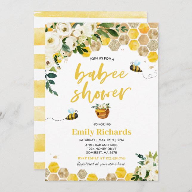 Bee Baby Shower Invitation Floral Babee Shower (Front/Back)