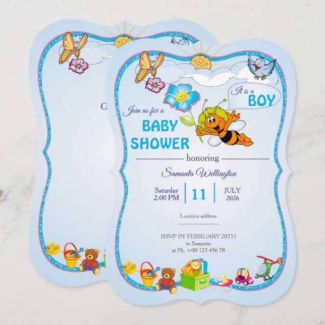 Bee Baby Shower Invitation for boy (Front/Back)