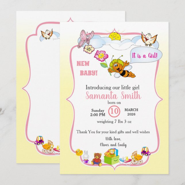 Bee Baby Shower Invitation for Girl (Front/Back)
