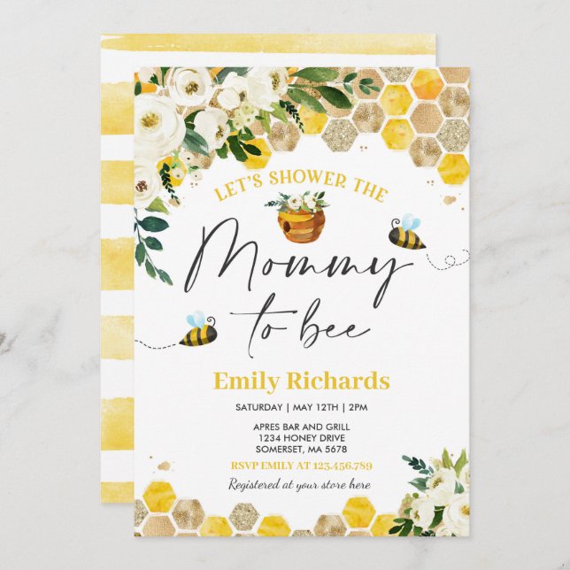 Bee Baby Shower Invitation Yellow Mummy To Bee (Front/Back)