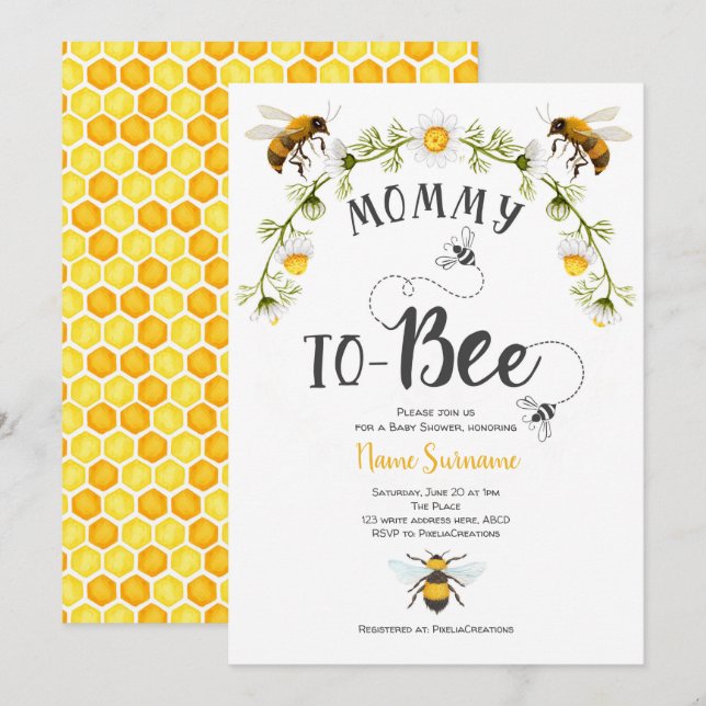Bee Baby Shower, Mummy to-be Invitation (Front/Back)