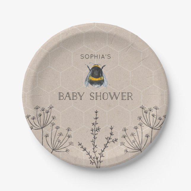 Bee Baby Shower Natural Paper Plate (Front)