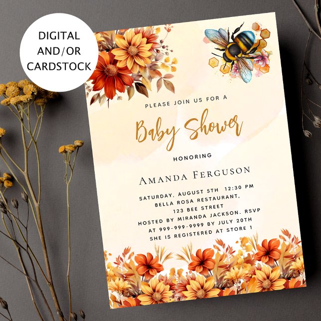 Bee Baby shower orange fall florals  Invitation (Creator Uploaded)