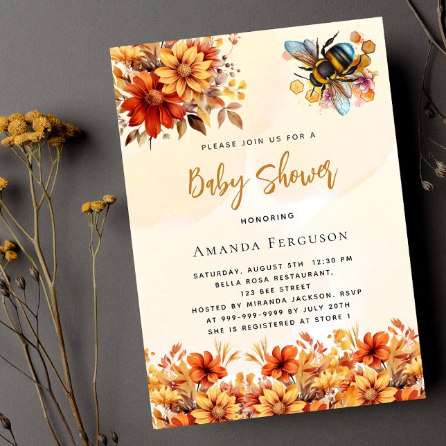 Bee Baby shower orange fall florals Invitation Postcard (Creator Uploaded)