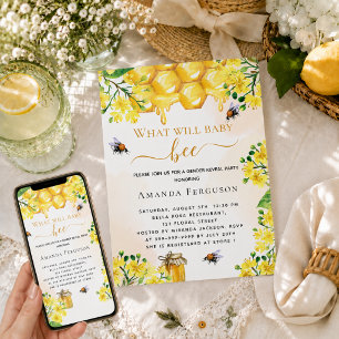 Bee Baby shower yellow floral gender reveal Invitation