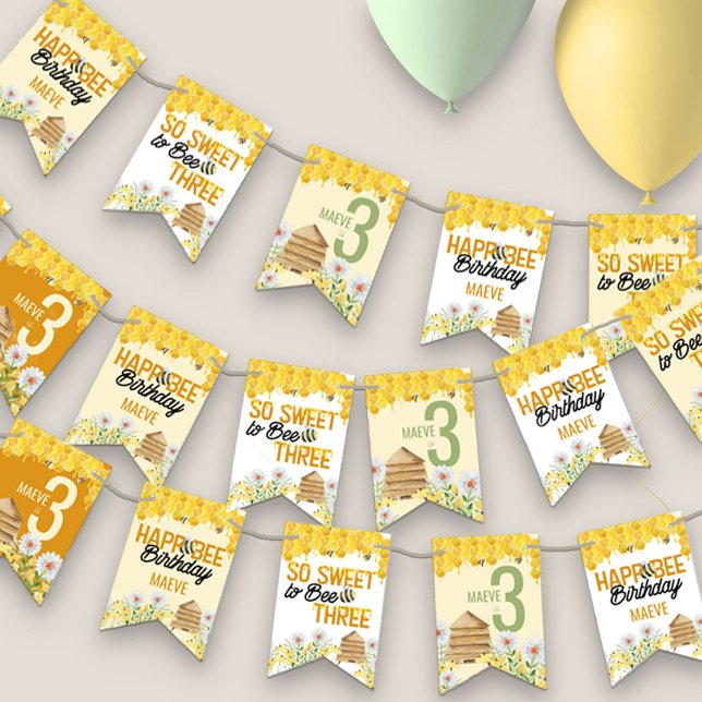 Bee Beehive and Honeycomb 3rd Birthday Bunting (3rd Birthday Party bunting with bee theme and cute bee puns inc sweet to be 3 and happ-bee birthday)
