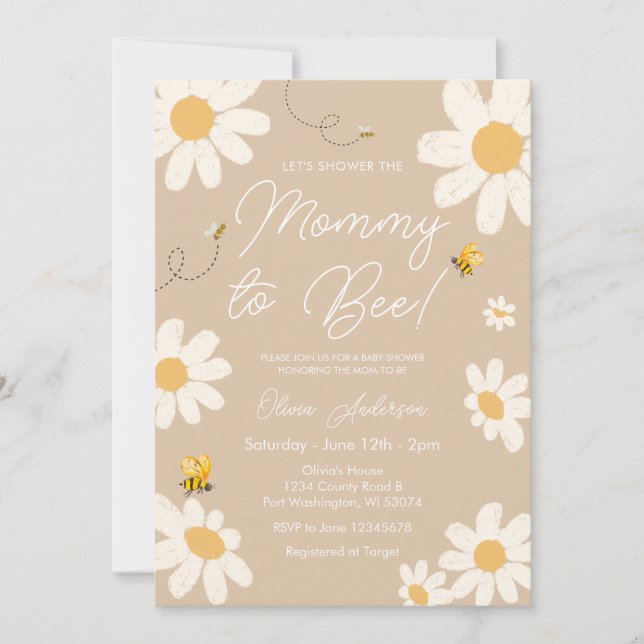 Bee Beige Daisy Retro Mummy to Bee Baby Shower  Invitation (Front)