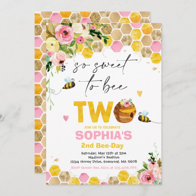 Bee Birthday Invitation Honey Bee Birthday Party (Front/Back)