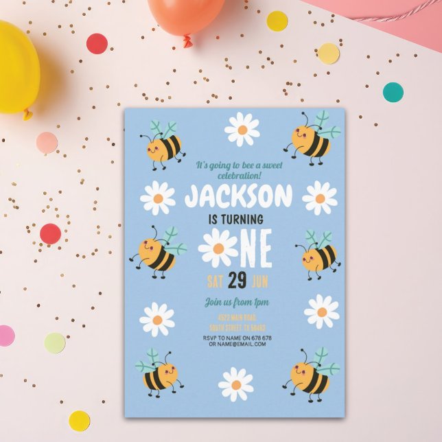 Bee Birthday Invitation Party Daisy Blue Boys (Creator Uploaded)