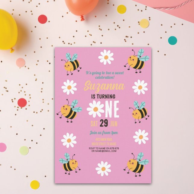 Bee Birthday Invitation Party Flower Daisy Pink (Creator Uploaded)