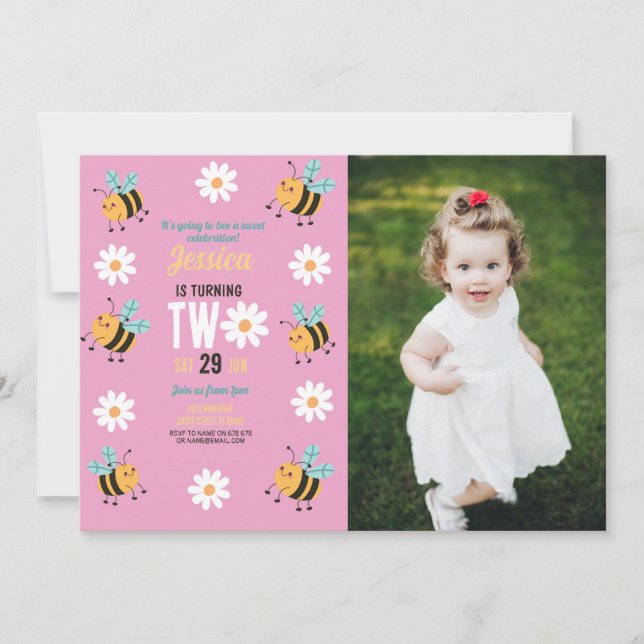 Bee Birthday Photo Party Pink Daisy Two 2 Invitation (Front)