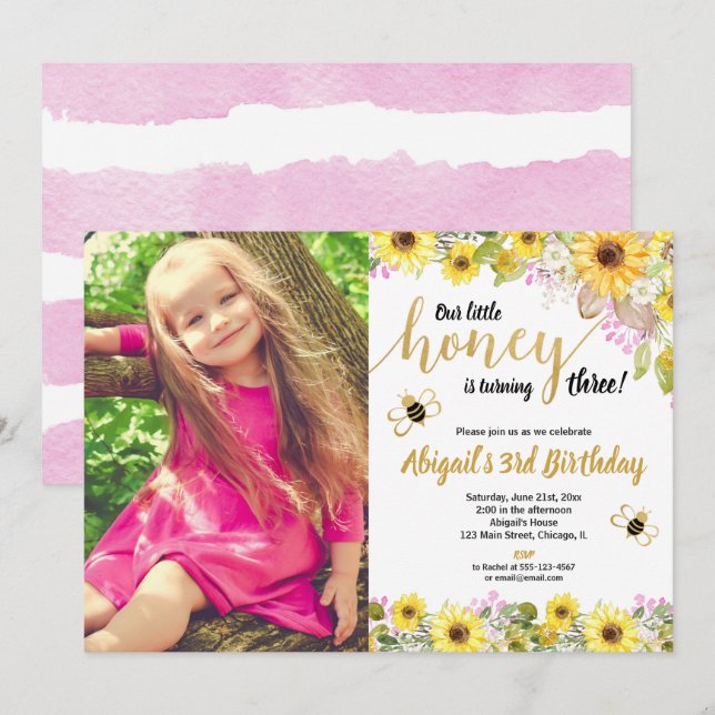 Bee birthday yellow pink floral sunflowers photo invitation (Front/Back)