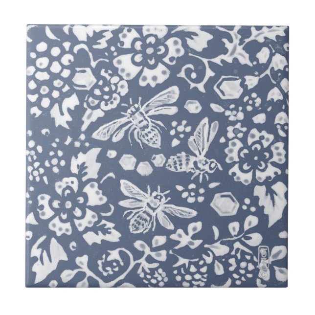 Bee Blue White Botanical Floral Delft Denim Tile (Front)
