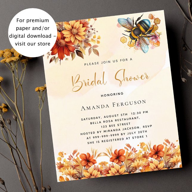 Bee Bridal shower fall floral budget invitation (Creator Uploaded)