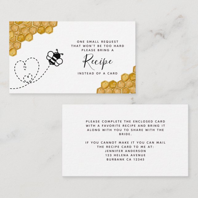 Bee Bridal Shower Recipe Request Enclosure Card (Front/Back)