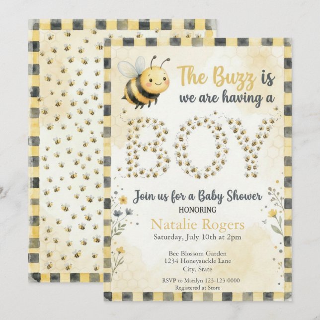Bee Buzz Boy Baby Shower Invitation (Front/Back)