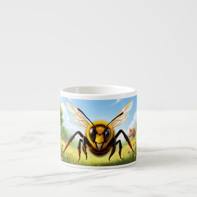 Bee Character Flying Over Flower Meadow Espresso Cup (Front)