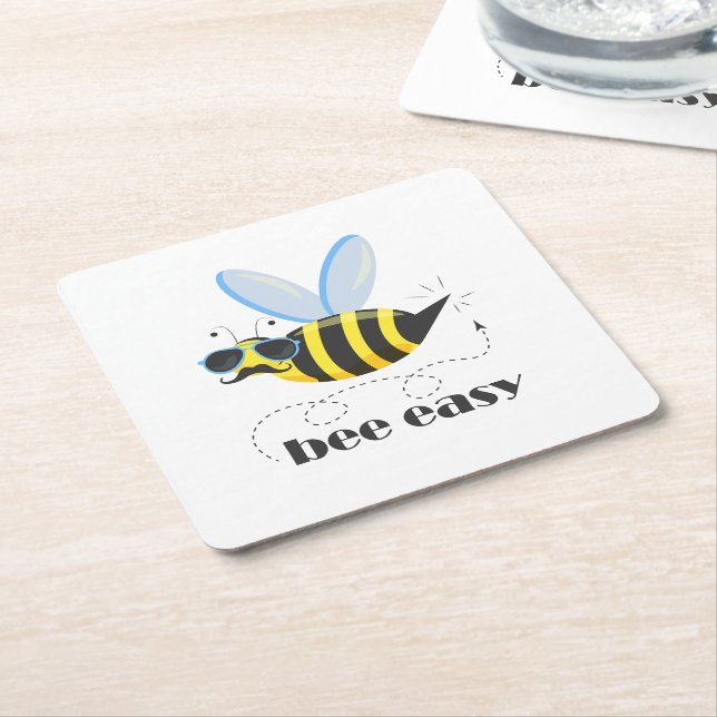 Bee character with moustache sunglasses Bee Easy Square Paper Coaster (Angled)