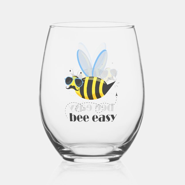 Bee character with moustache sunglasses Bee Easy Stemless Wine Glass (Front)