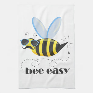 Bee character with moustache sunglasses Bee Easy Tea Towel