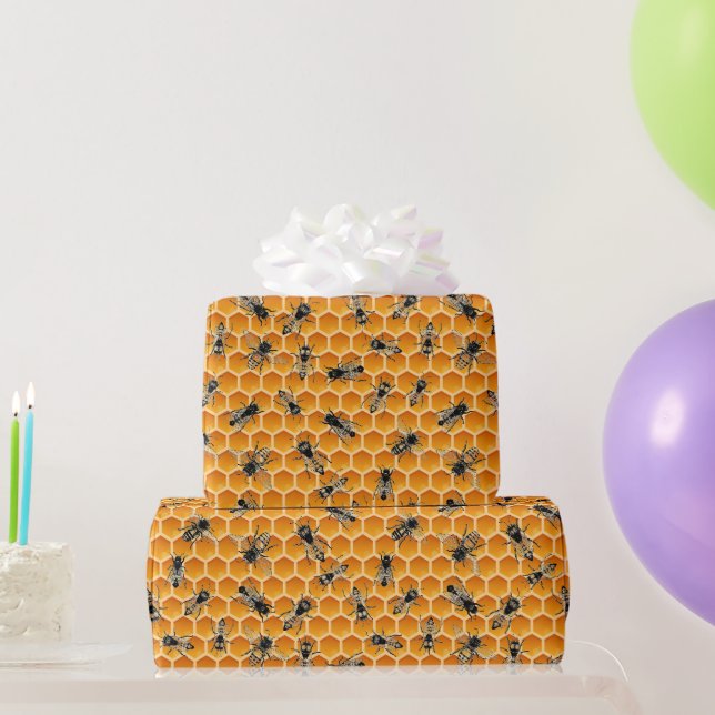 Bee Colony Golden Honeycomb Wrapping Paper (Party Gifts)