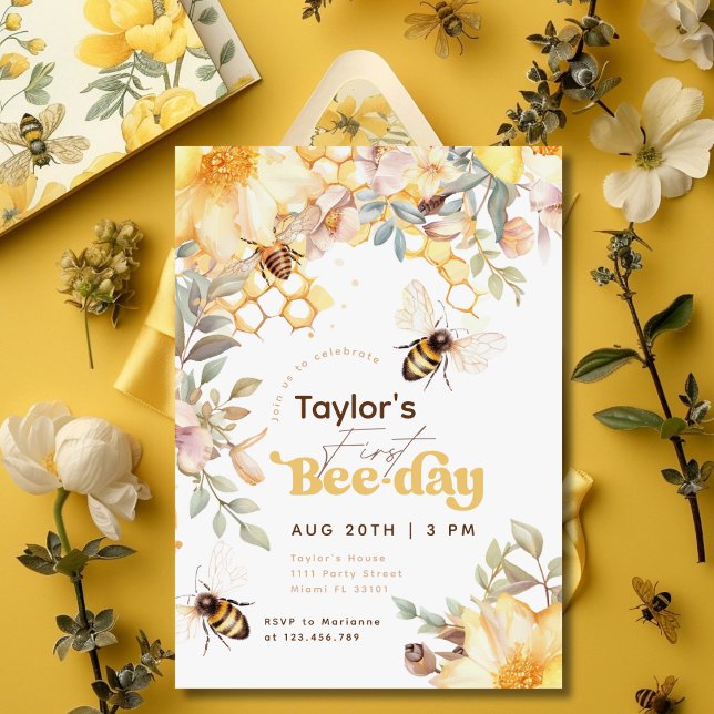 Bee Day Bumblebee 1st Birthday Floral Birthday Invitation (Creator Uploaded)