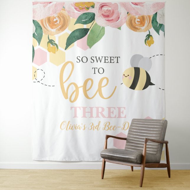 Bee Day Bumblebee Birthday pink floral banner Tapestry (In Situ)