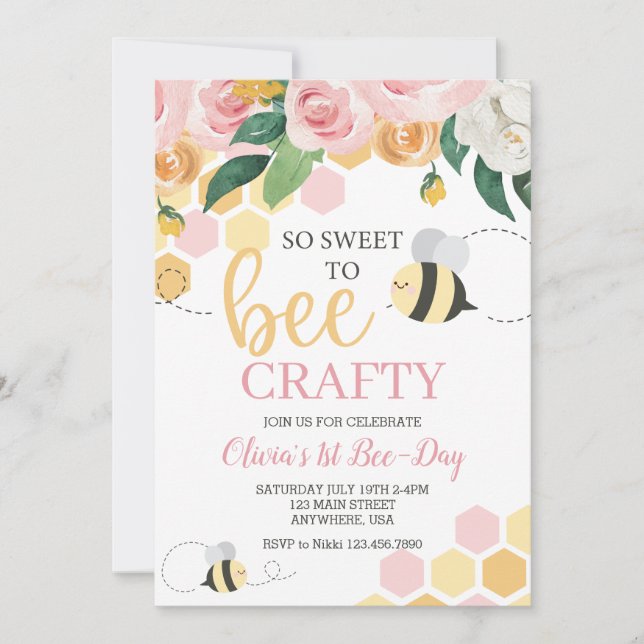 Bee Day bumblebee Birthday pink floral Invitation (Front)