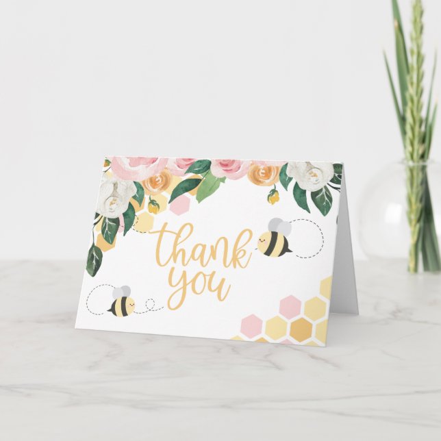 Bee Day bumblebee Birthday pink floral thank you Card (Front)