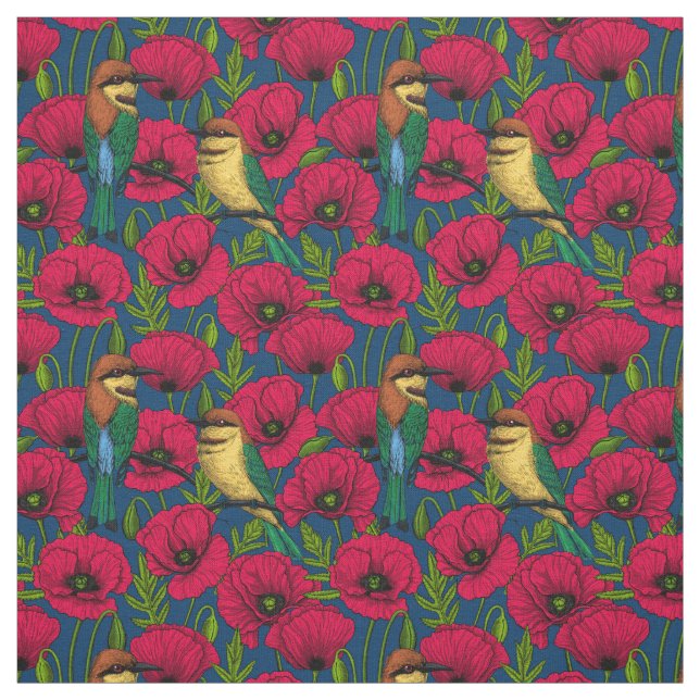 Bee eaters and poppies fabric (Swatch)