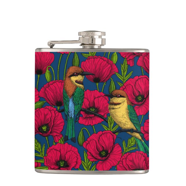 Bee eaters and poppies hip flask (Front)