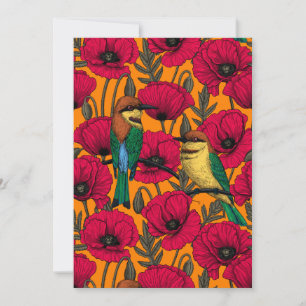 Bee eaters and poppies on orange