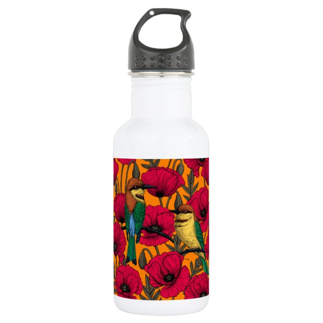 Bee eaters and poppies on orange 532 ml water bottle (Front)