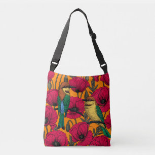 Bee eaters and poppies on orange crossbody bag